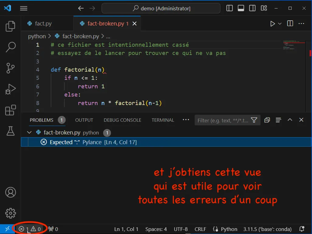 ouvrir l'onglet *PROBLEMS*